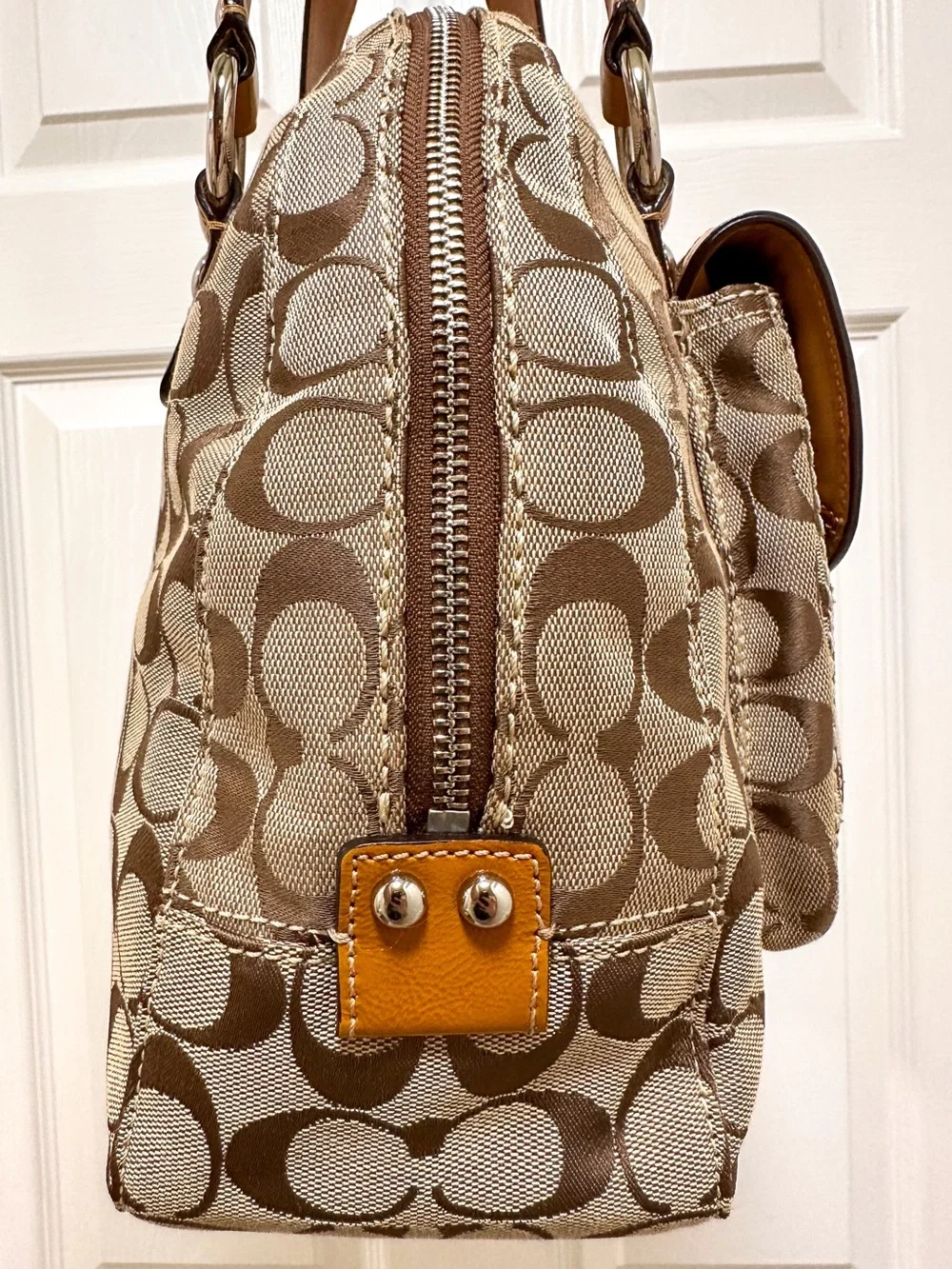 Coach Soho Buckle Large Dome Satchel Khaki Brown Monogram‎ Canvas